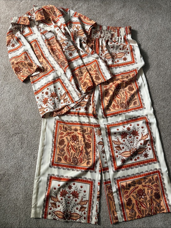 Rachel Zoe Pants - Rachel Zoe Cream and Orange Floral Patchwork Jumpsuit Set